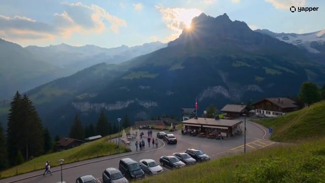 Cinematic Swiss Mountain Viewpoint Scene with Luxury Car and Tea Stall