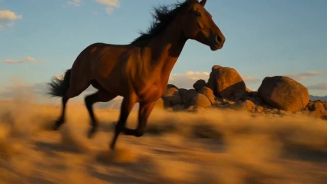 Wild Mustang Galloping Across Desert at Golden Hour