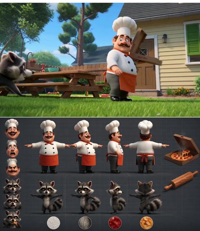 3D Cartoon Human vs. Raccoon Pizza Battle